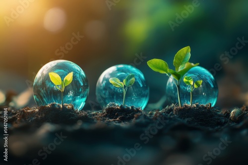 Three seedlings growing in soil on white background on transparent background