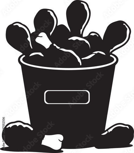 bucket of fried chicken silhouette, fast food chicken meal icon, vector fried chicken snack