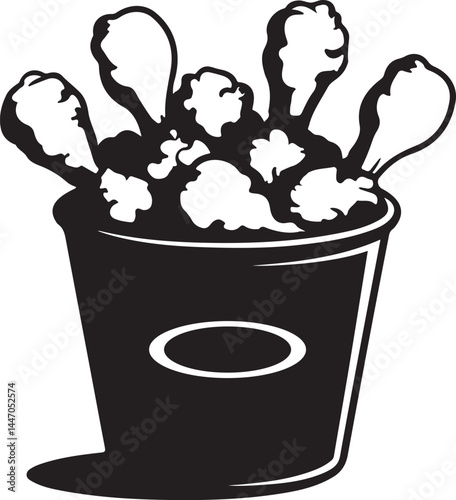 bucket of fried chicken silhouette, fast food chicken meal icon, vector fried chicken snack