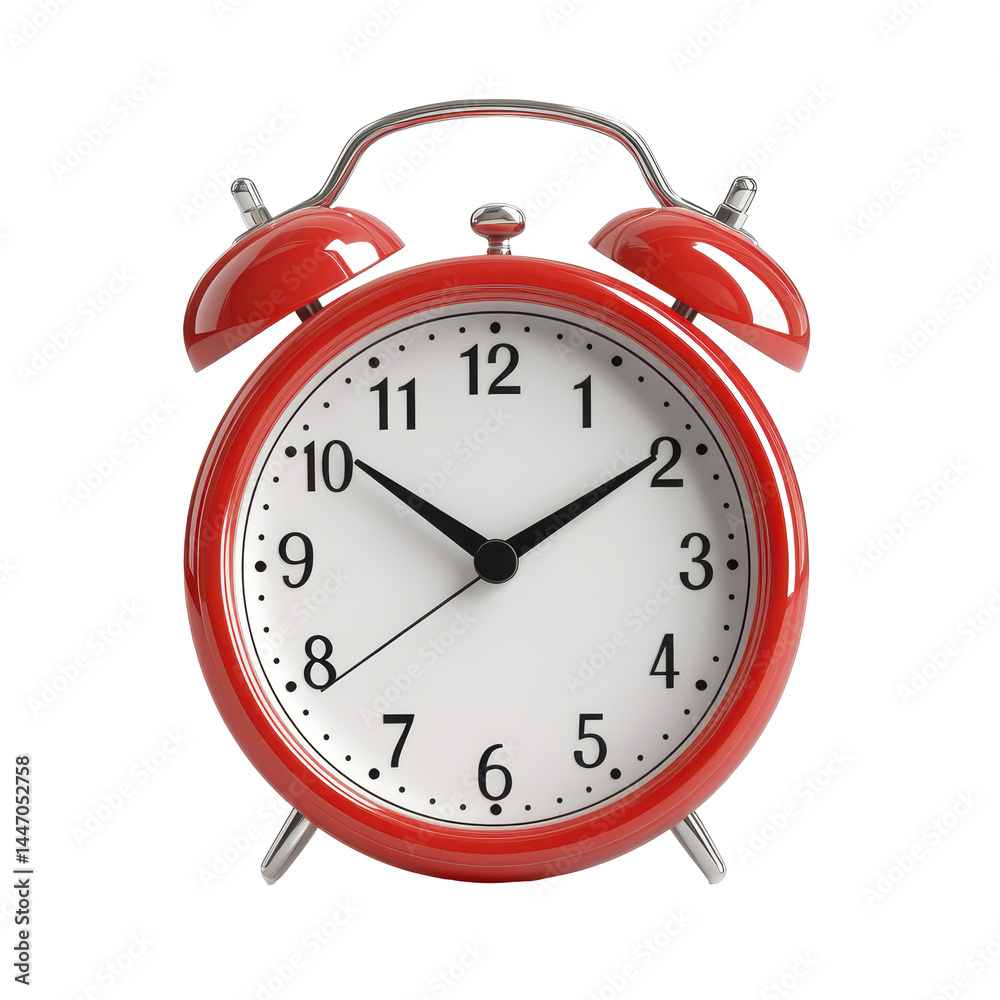 Rendered image of a vivid red alarm clock, featuring a white face and classic design elements. The time is clearly visible on the clock face. Rendered image of a vivid red alarm clock, featuring a white face and classic design elements. The time is clearly visible on the clock face.