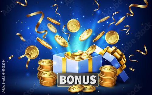 gift box open and coin explosion.stacks of gold coins vector illustration.bonus,promotion,discount,offer and casino winner concept business and sale banner. 