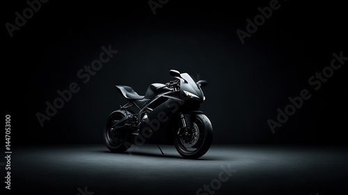 Sleek obsidian motorcycle against a stark, minimalist backdrop with dramatic lighting