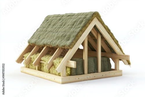 House frame with insulation material on white background on transparent background