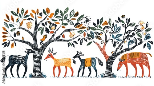 Gond tribal painting isolated on white background