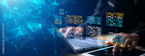 Software development concepts and programming for various devices. coding process. chart. testing platform Data analytics. Software Engineer Computer programmer.
