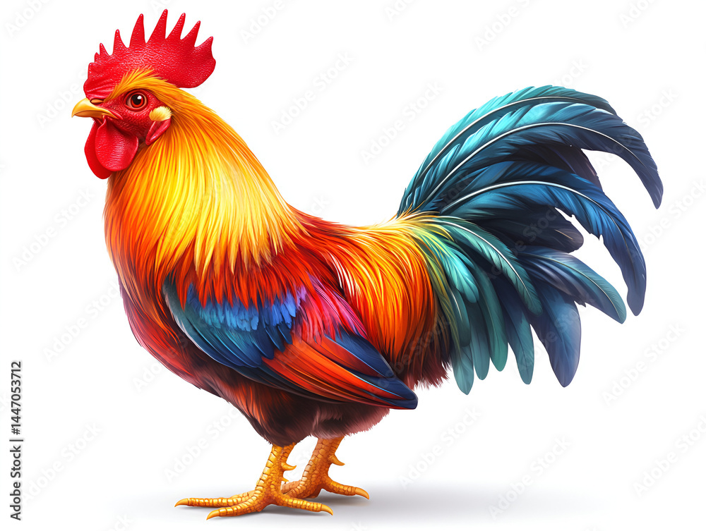 Fototapeta premium A colorful red and brown rooster, a domestic fowl, stands isolated on a white background