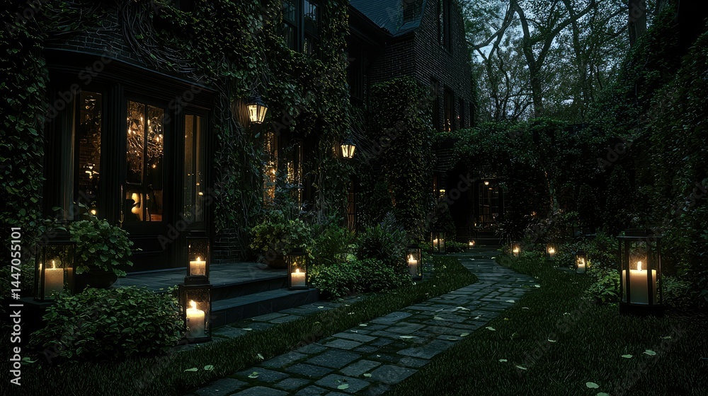 Obraz premium A mysterious house surrounded by candles and lush overgrown greenery