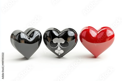 Three glossy hearts aligned on white background on transparent background