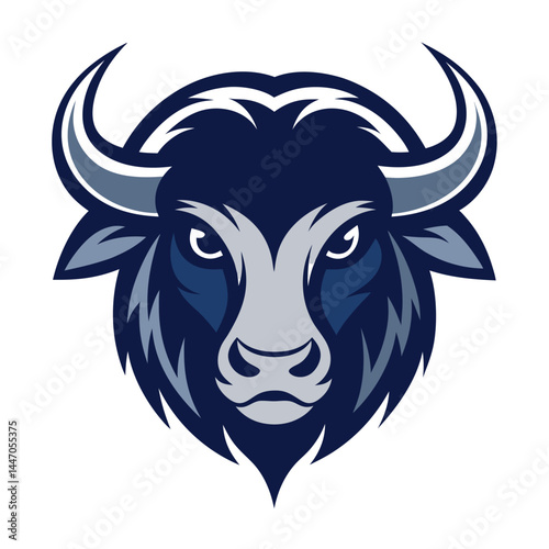 A blue bull head stares intensely forward against a transparent backdrop, featuring prominent horns