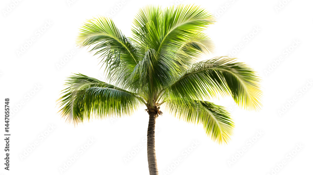 Fototapeta premium A tropical palm tree, isolated on a white background, evokes summer beach vibes with its green leaves reaching towards the sky
