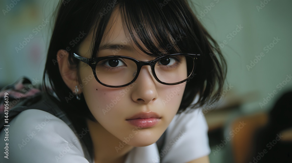 Young woman with glasses in a classroom Young woman with glasses in a classroom