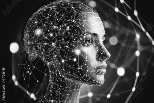 Networked woman face profile on white background on transparent background