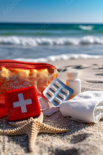 First Aid Kit, blister pack, vial of pills, sun protection cream, medical mask, and cooling towel placed on a sandy beach with seashells, starfish, and ocean waves-blending safety and summer vibes.