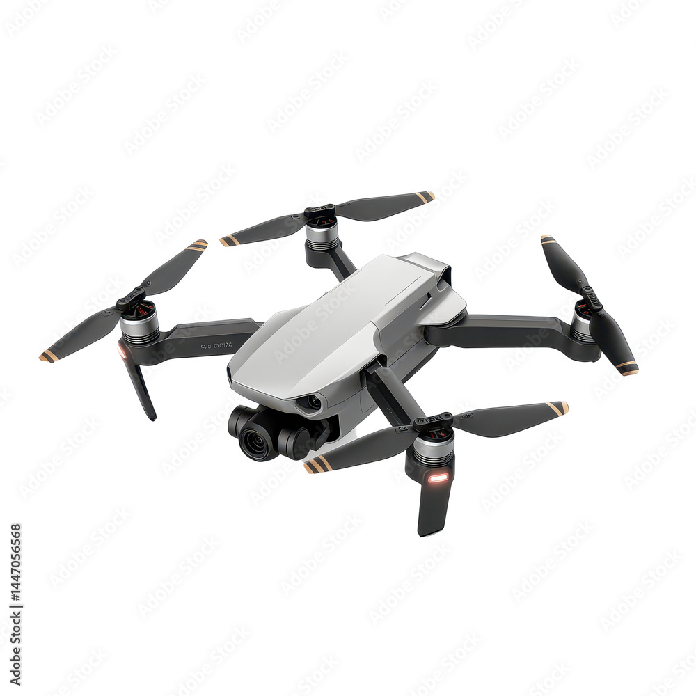High-angle, detailed view of a modern, light gray drone with black and gold accents, showcasing its design and technological features. High-angle, detailed view of a modern, light gray drone with black and gold accents, showcasing its design and technological features.