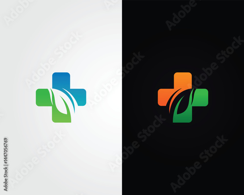 Medical Cross with Leaf Emblem Logo Design Icon Modern Vector Template.