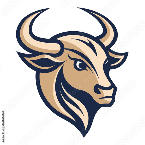 A formidable beige bull head with curved horns stares intensely ahead on transparent background