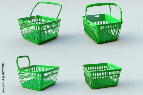 Four green shopping baskets isolated on white background on transparent background