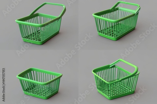 Green plastic basket four views on white background on transparent background