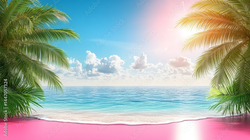 Fototapeta premium Paradise Beach View with Pink Floor Mockup for Summer Backdrop and Product Presentation, Featuring Blue Ocean, Sky, Palm Trees, and Sunlight