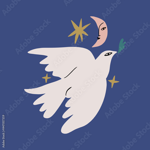 Hippie bohemian white dove bird groovy postmodern funky boho peace and love symbol. Perfect for posters, t shirts, collages, clothing, music albums and more, vector clipart illustration, isolated