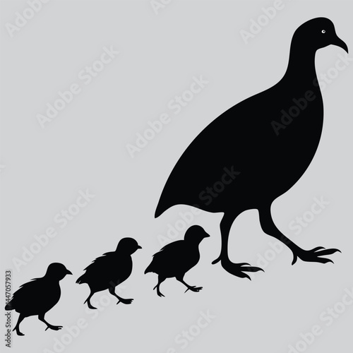 A quail family walking together image silhouette design vector art and illustration