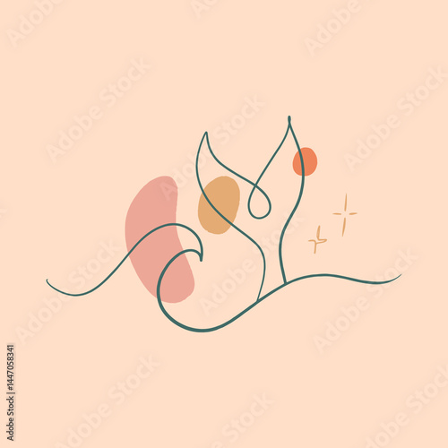 Minimalistic mermaid tail and wave undine modern abstract linear painting, seamaiden icon and logo elements, graphic outline style for surf or spa and yoga studio. Vector line water nymph illustration