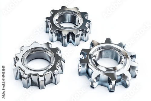 Three shiny gears close up on white background on transparent background