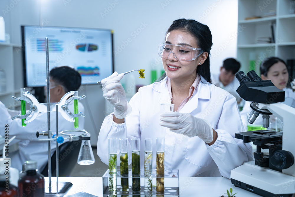 Fototapeta premium In the green laboratory, science and chemistry merge as biology experts conduct research, test each experiment carefully, and aim to improve global health.