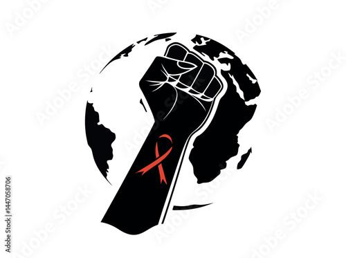 Global Solidarity Against AIDS: A Powerful Symbol of Awareness, A powerful, stylized image depicting an arm raised in a fist, with a red awareness ribbon on the wrist against the backdrop of a world m
