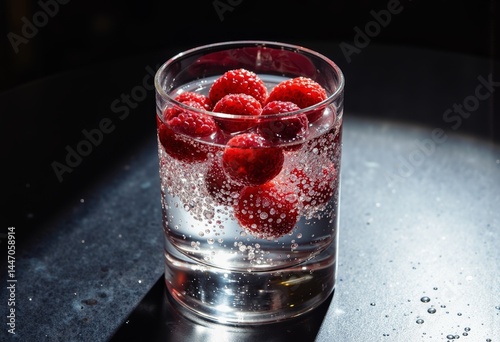 Refreshing raspberries in sparkling water glass  