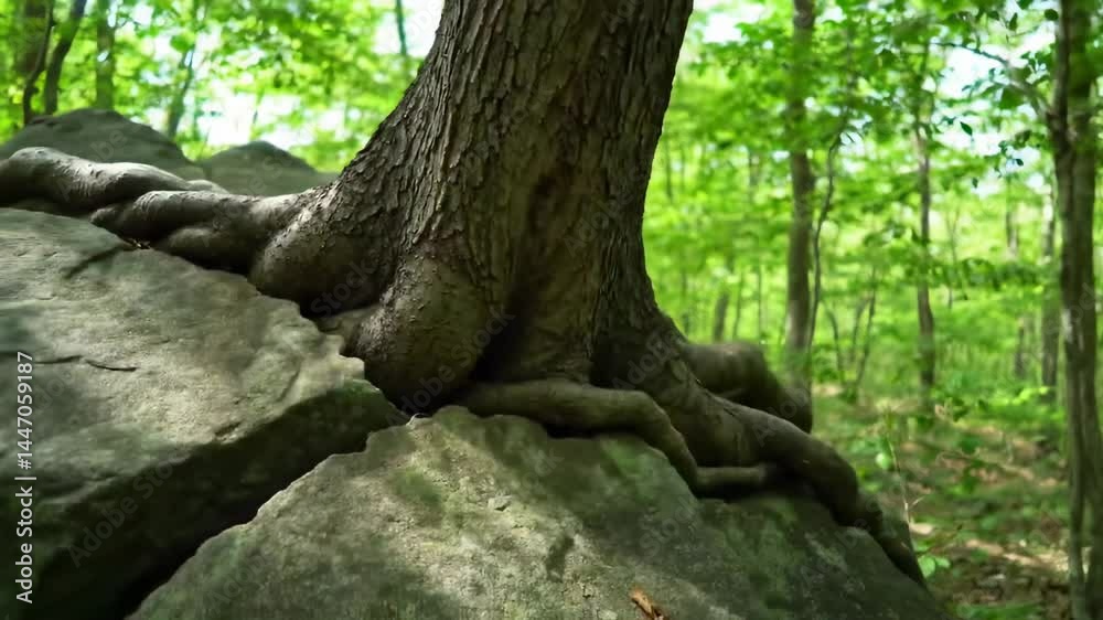 Tree roots intertwining with large rocks in a lush green forest, showcasing nature's resilience - broken rock Tree roots intertwining with large rocks in a lush green forest, showcasing nature's resilience - broken rock