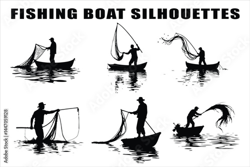 Silhouettes of Men and Dogs Fishing