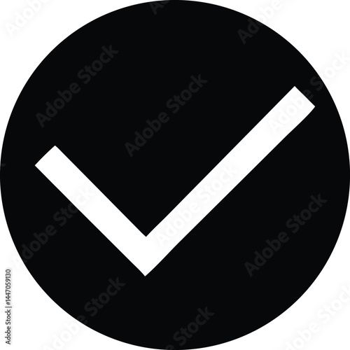 A stark white checkmark resides within a bold black circle, visually clear