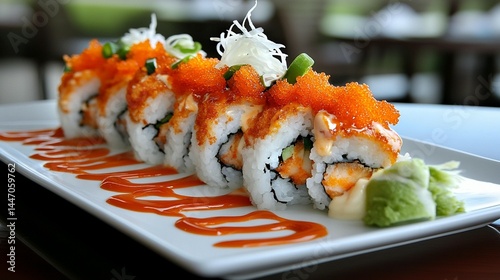 Delicious sushi roll with salmon, tobiko, and spicy mayo on a white plate.
