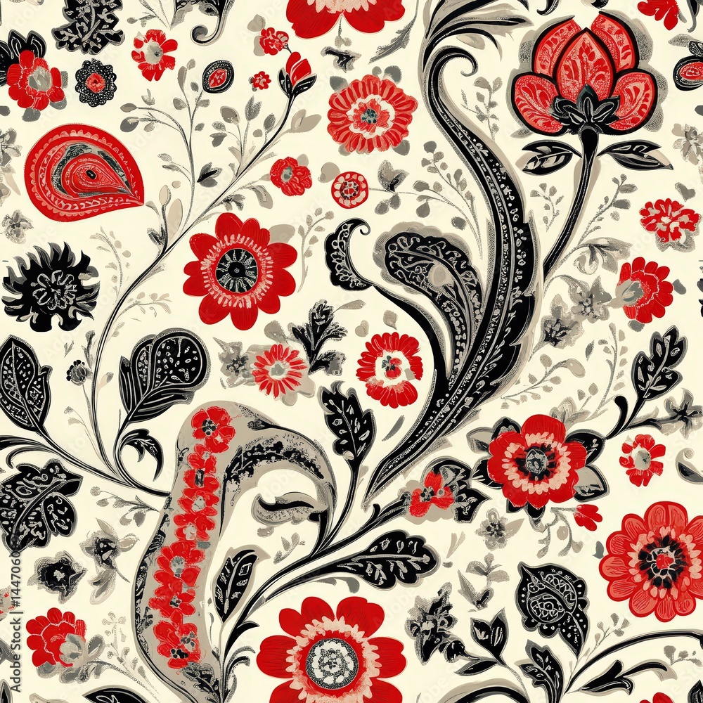 Fototapeta Elegant Floral Pattern in Red and Black with Intricate Details