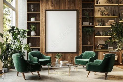 Living room with frame and armchairs on white background on transparent background