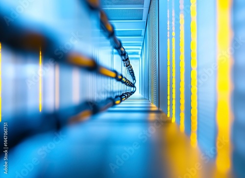 A detailed shot of network cables and riser cable management in an office server room, showcasing the blue and yellow color scheme used for the structural elements on one side of a wall. The focus is 