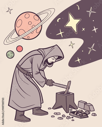Cosmic Forge A Robed Figure Reshapes the Fallen Stars