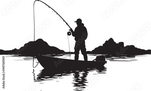 Silhouettes of Men and Dogs Fishing