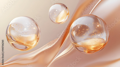Abstract gold particles in glass spheres floating over a beige liquid wave background.