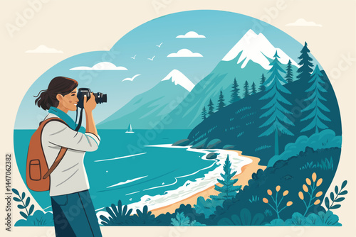 Create a bold, vector illustration of a stylish travel vlogger filming a vlog, showcasing vibrant travel destinations.