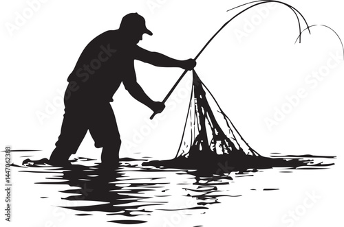 Silhouettes of Men and Dogs Fishing