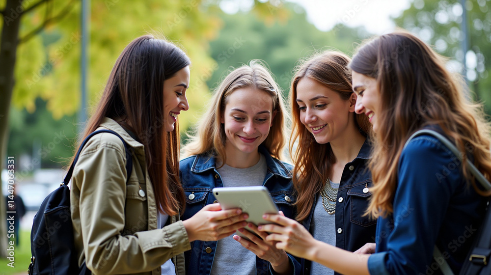 Fototapeta premium Young people in a park or garden, looking at a tablet.