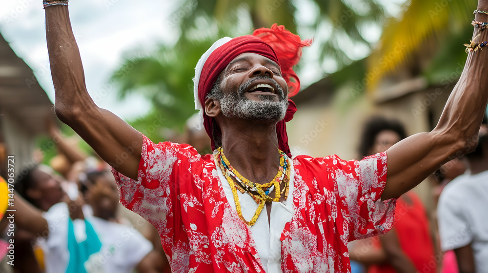 An older man with arms raised smiles wearing red clothing outdoors. An older man with arms raised smiles wearing red clothing outdoors.