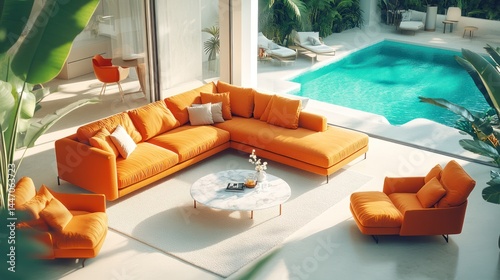 Modern living area with pool view
