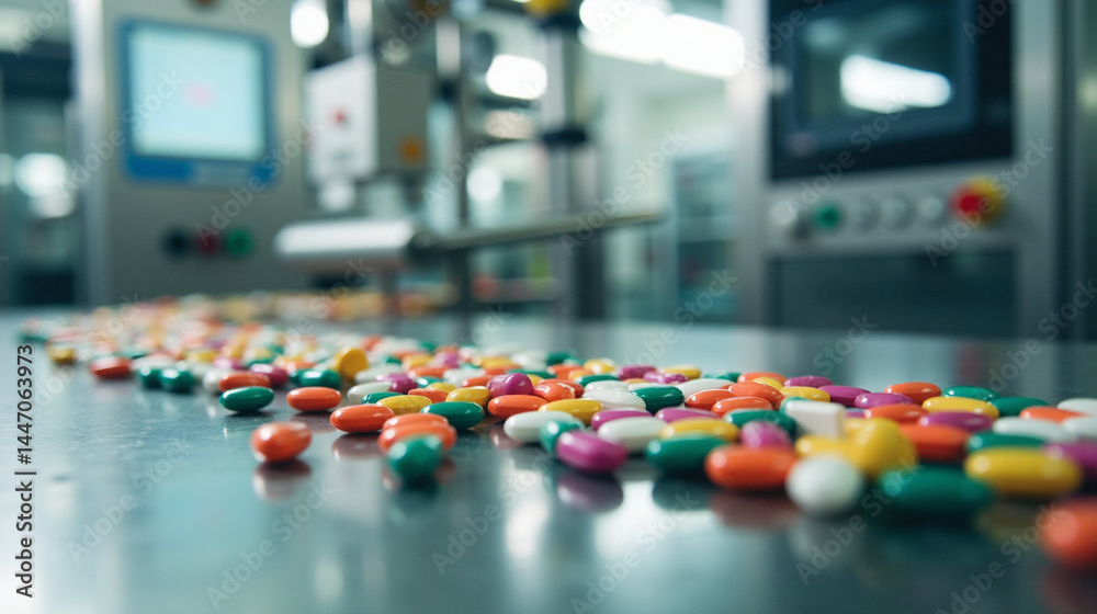 Obraz premium Long table covered in colorful pills and capsules.