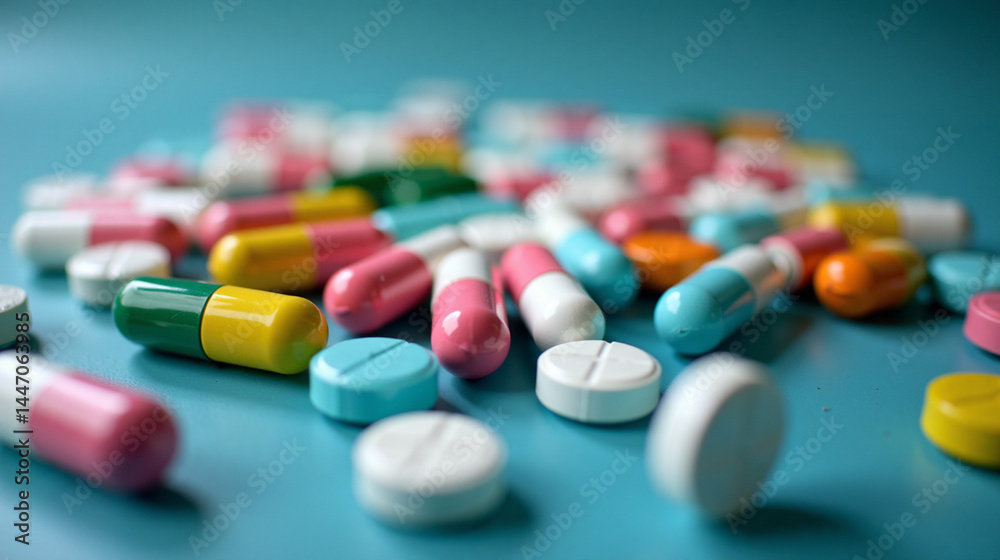 Long table covered in colorful pills and capsules. Long table covered in colorful pills and capsules.