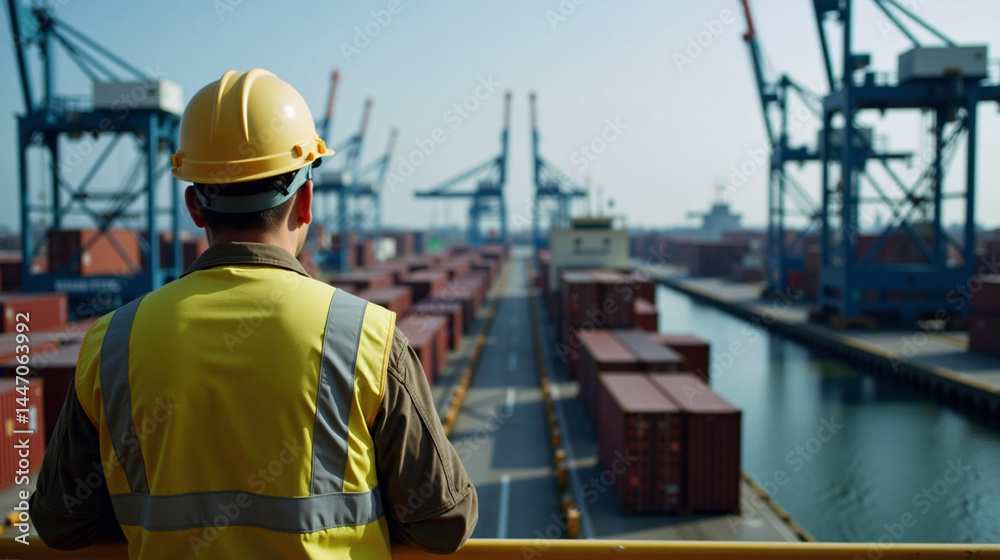 Man wearing a hard hat and uniform, standing in front of a large container ship. Man wearing a hard hat and uniform, standing in front of a large container ship.