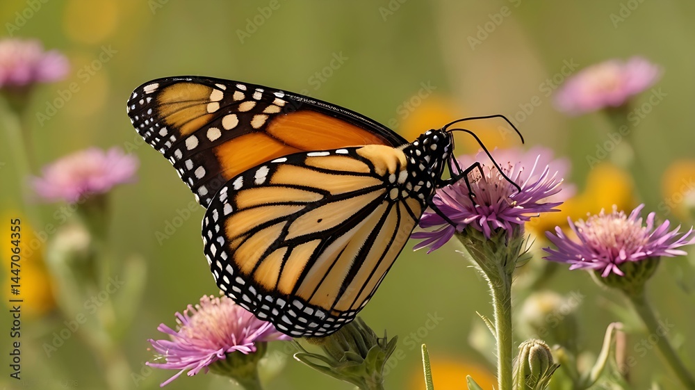 Fototapeta premium Close-up of a Monarch butterfly on a wildflower in a sunlit meadow, showcasing vivid wing details.
