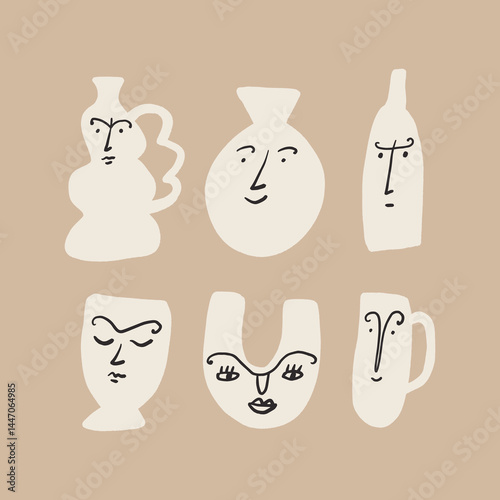 Cute cozy pottery illustration ceramics with abstract faces modern graphics hobby vases and vessels background, handmade pottery wallpaper vector surface design in minimalist style. Organic shapes